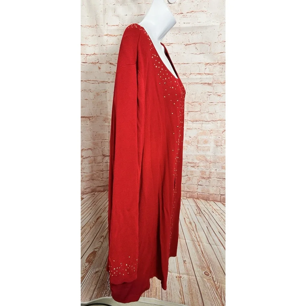 Catherines Red Cardigan Sweater Sz 3X (26W/28W) Open Front Gold Studs Ribbed Top